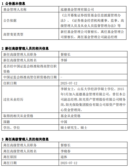 七星配资  泓德基金高管“换血”：十年老将退休 副总经理李娇接棒督察长